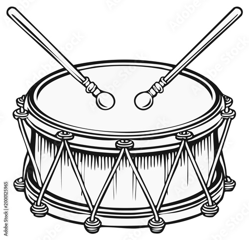 Classic snare drum with drumsticks crossed on top in a simplified line drawing style