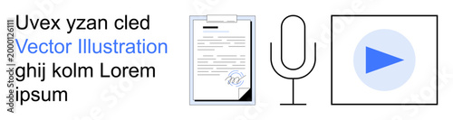 Media creation, digital content, communication, documentation, audio recording, video playback. Icons show a document, microphone and play button. Media creation and communication concept