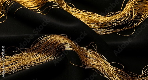 Elegant golden threads elegantly draped across rich black fabric, creating a luxurious and sophisticated texture