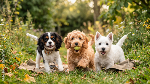 three  dogs playing in the park