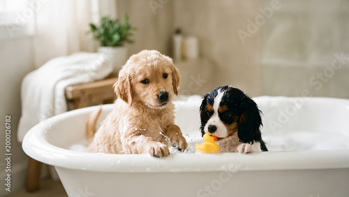 The puppy is taking a bath in the tub.
