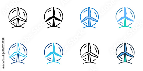 Wind turbine icons set multiple style collection. Editable stroke 
