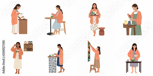 Collection of Flat Illustrations Depicting Women Preparing, Serving, and Enjoying Various Types of Tea in a Cozy Domestic Setting