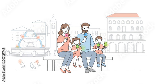 A family of four sitting on a bench eating ice cream cones in a city setting with a subtle line drawing style and a clean white background.