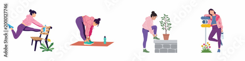 Flat vector illustration set of a young woman in sportswear performing various fitness and outdoor activities like stretching and resting.