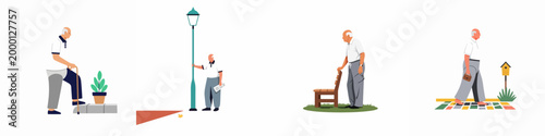 Flat vector illustrations of an elderly man walking with a cane, reading a newspaper, and relaxing in an outdoor park setting.