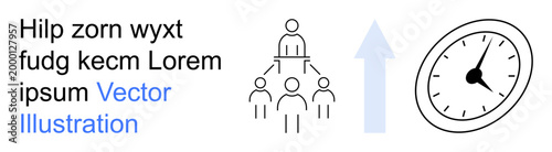 Productivity, workforce management, corporate structure, time tracking, efficiency, business growth. Line art showing a team hierarchy, an arrow and a clock. Productivity and workforce management