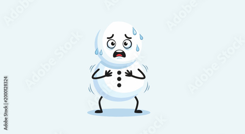 Scared Snowman Character with Sweating and Trembling Expression.