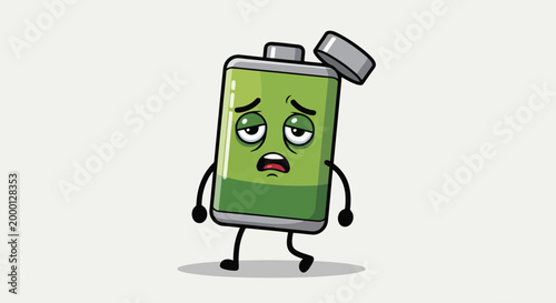 Tired Battery Character with Low Energy and Sad Expression.