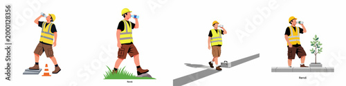 Set of illustrations featuring a male construction worker in safety gear drinking bottled water to stay hydrated while working outdoors.