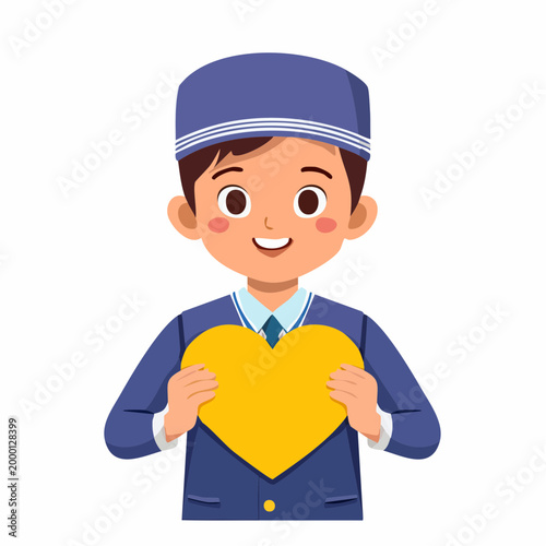 Boy in uniform holding a yellow heart
