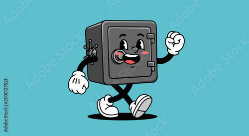 Cartoon character safe walking happily with arms raised.