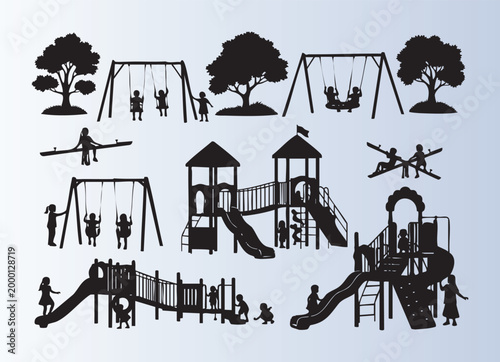 Cute silhouette illustrations of children playing on swings slides and playground equipment fun activities