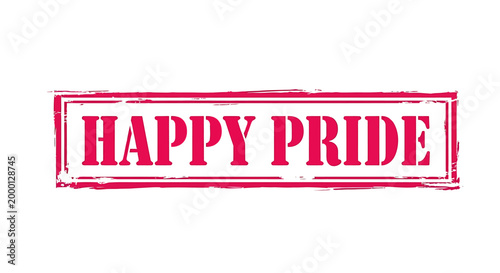 A distressed red rectangular stamp with the words HAPPY PRIDE in bold white sans-serif font, symbolizing celebration and inclusivity.
