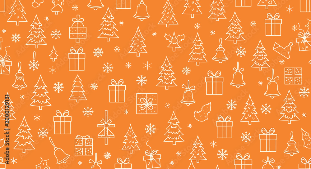 Naklejka premium A festive orange background pattern featuring a repeating arrangement of white line-art Christmas icons, including trees, gifts, bells, snowflakes, and stockings.
