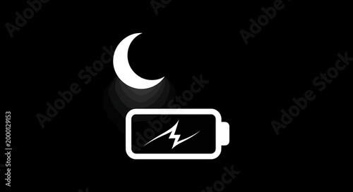 A white crescent moon and a battery icon with a lightning bolt symbol are displayed against a black background, suggesting low power or nighttime charging.