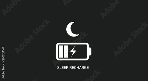 A minimalist graphic displays a battery icon with a lightning bolt, indicating charging, beneath a crescent moon, symbolizing sleep and recharge.