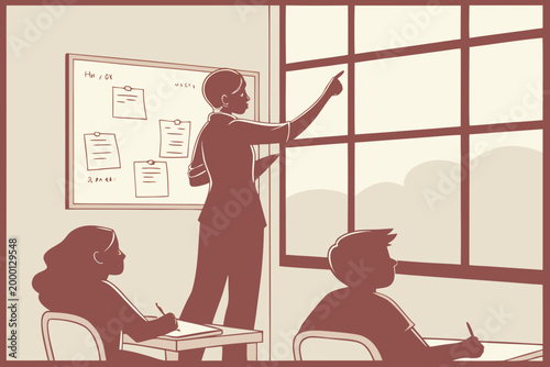 Teacher teaching students silhouette in classroom.