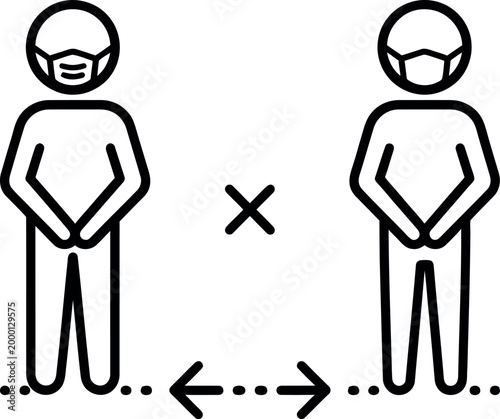 Two people wearing masks standing apart with arrows indicating social distancing guidelines