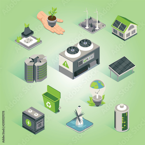 clean energy isometric icon set green  eco-friendly global conservation city factory vector turbine battery building wind farm carbon neutral infrastructure alternative ecosystem