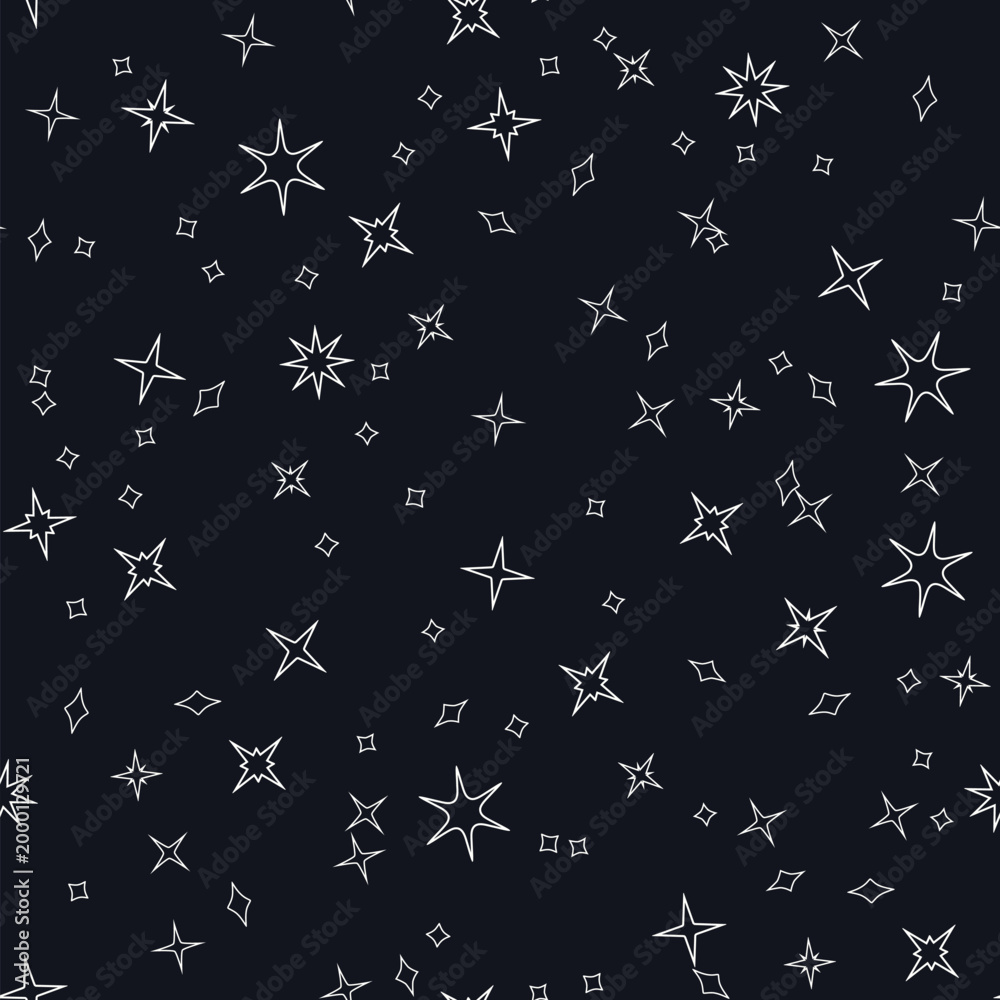 Fototapeta premium Seamless pattern of white stars scattered across a dark background, starry sky vector