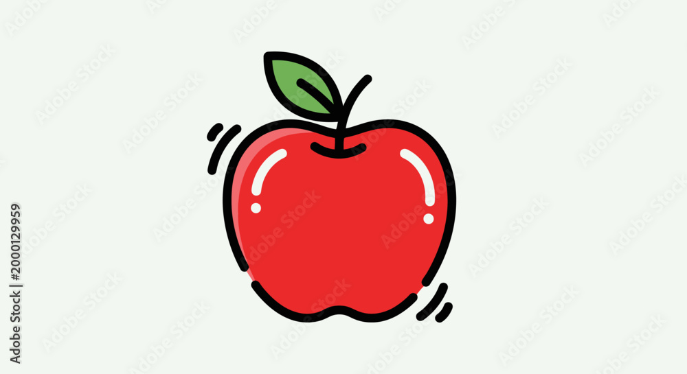Fototapeta premium Simple Red Apple Icon with Green Leaf Stem.