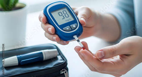 Close-up of a person using a glucose meter to check their blood sugar level, with a lancet device and case in the background.