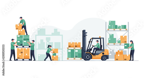 Warehouse workers operating forklift and handling boxes.