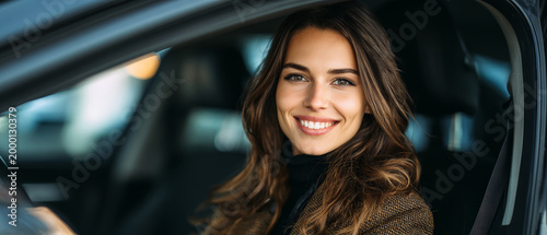 Young woman driver smile car interior modern vehicle, happy female sitting front seat confident expression natural light portrait