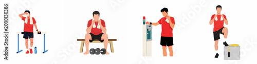 Set of flat vector illustrations depicting a fit man in red sportswear resting, wiping sweat, and hydrating during a gym workout.