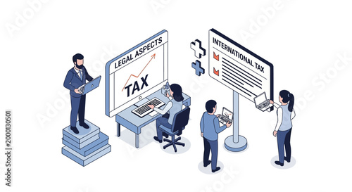 Isometric Illustration of Tax Professionals Working on Financial Analysis.