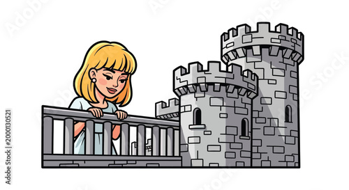 Blonde girl on castle balcony looking down.