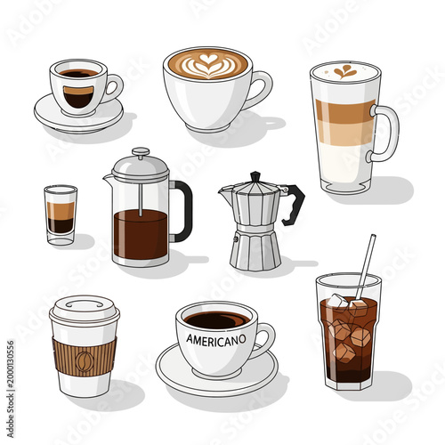 Assorted Coffee Drinks Collection: Espresso, Latte, Macchiato, French Press, Moka Pot, Iced Coffee