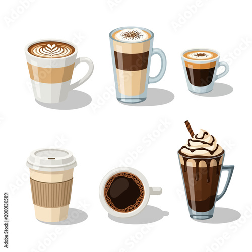 Assortment of Coffee Drinks and Cups