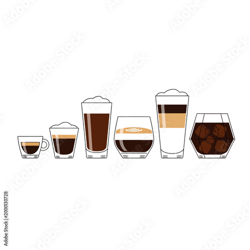 Assortment of Coffee Drinks Lined Up, Espresso, Latte, Cold Brew, Cafe Menu