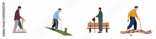 Collection of flat vector illustrations depicting senior men engaged in various daily outdoor activities such as walking, shopping, and resting on a bench.