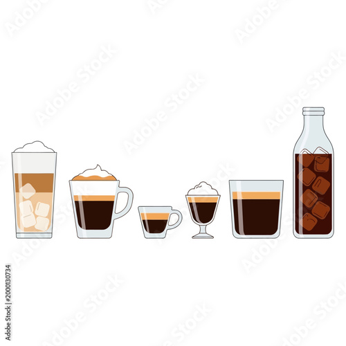 Assortment of Coffee Drinks in Glasses and Bottle