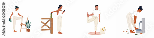 Set of diverse illustrations featuring a woman practicing mindfulness, stretching, and staying hydrated in various daily life and wellness scenarios.