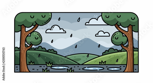 Two large trees with green foliage stand tall.