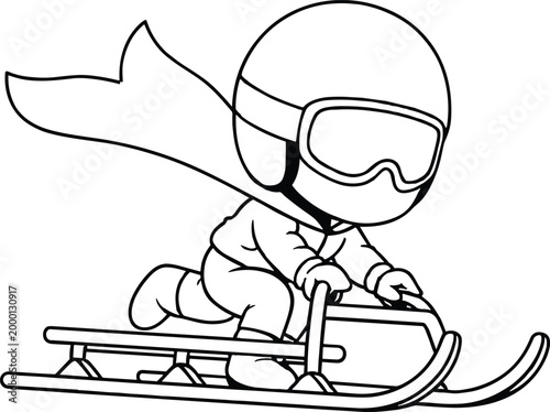 Cartoon Character on Sled with Cape and Goggles bobsled