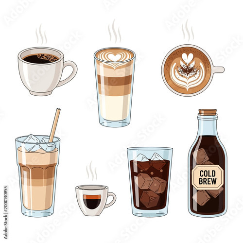 Assortment of Coffee Drinks, Hot and Cold Brews, Cafe Menu Illustrations