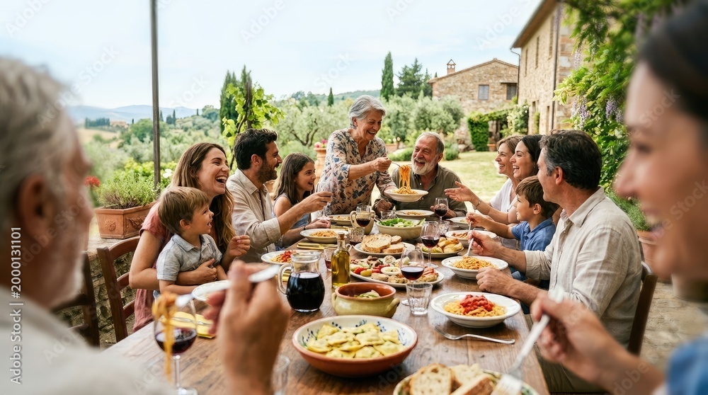 Fototapeta premium Family enjoying a meal together outdoors in a Tuscan setting