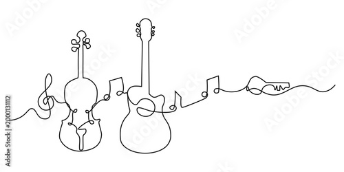 Continuous one line of a musical instrument with violin and guitar nodes in editable stroke, style hand drawing vector illustration.