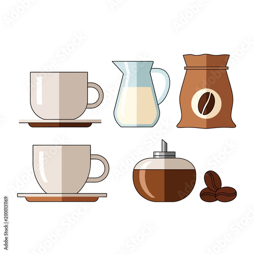 Coffee Set: Cups, Creamer, Sugar, Beans, and Bag - Flat Design Icons