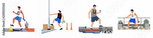 Set of flat illustrations featuring young men in athletic wear walking and stepping over obstacles in various urban outdoor settings.