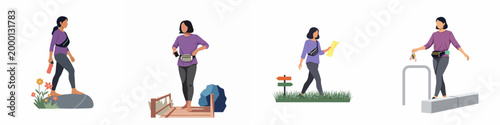 Set of flat illustrations featuring a woman engaged in various outdoor walking and hiking activities, wearing activewear and a waist bag.