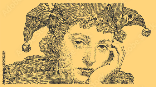 Vintage illustration of a jester in a thoughtful pose. This artwork features a flat style, presented as a vector illustration.