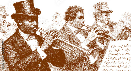 Musicians playing the trumpet in a classic band set. This vintage vector illustration captures a jazz performance in a historical context.