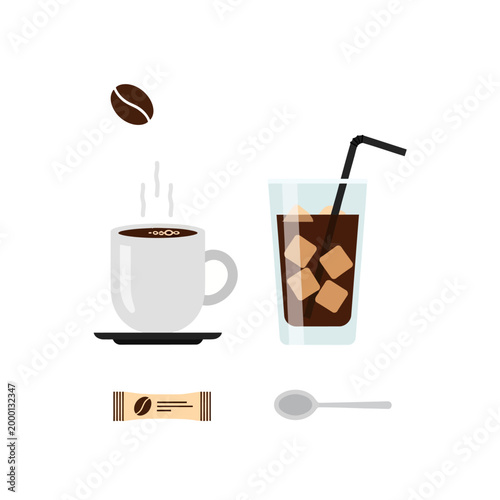 Hot Coffee Cup and Iced Coffee Drink with Bean, Spoon, and Sugar Packet