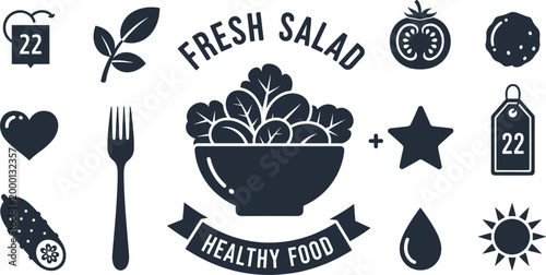 Fresh Salad Healthy Food Silhouette Elements Set Isolated on White Background